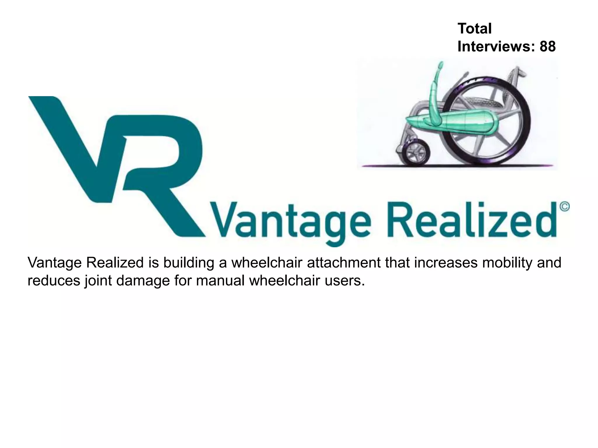 Total
Interviews: 88

Vantage Realized is building a wheelchair attachment that increases mobility and
reduces joint damage for manual wheelchair users.

 