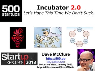 Incubator 2.0
Let’s Hope This Time We Don’t Suck.
Dave McClure
http://500.co
(@DaveMcClure)
Mountain View, January 2013
http://slideshare.net/dmc500hats
 