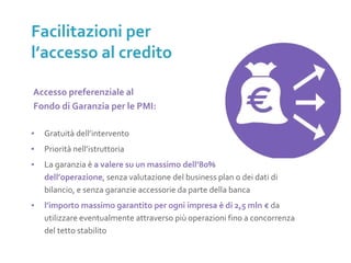 Accesso preferenziale al
Fondo di Garanzia per le PMI:
▪ Gratuità dell’intervento
▪ Priorità nell’istruttoria
▪ La garanzia è a valere su un massimo dell’80%
dell’operazione, senza valutazione del business plan o dei dati di
bilancio, e senza garanzie accessorie da parte della banca
▪ l’importo massimo garantito per ogni impresa è di 2,5 mln € da
utilizzare eventualmente attraverso più operazioni fino a concorrenza
del tetto stabilito
Facilitazioni per
l’accesso al credito
 