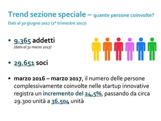 • 9.365 addetti
(dato al 31 marzo 2017)
• 29.651 soci
• marzo 2016 – marzo 2017, il numero delle persone
complessivamente coinvolte nelle startup innovative
registra un incremento del 24,5%, passando da circa
29.300 unità a 36.504 unità
Trend sezione speciale – quante persone coinvolte?
Dati al 30 giugno 2017 (2° trimestre 2017)
 