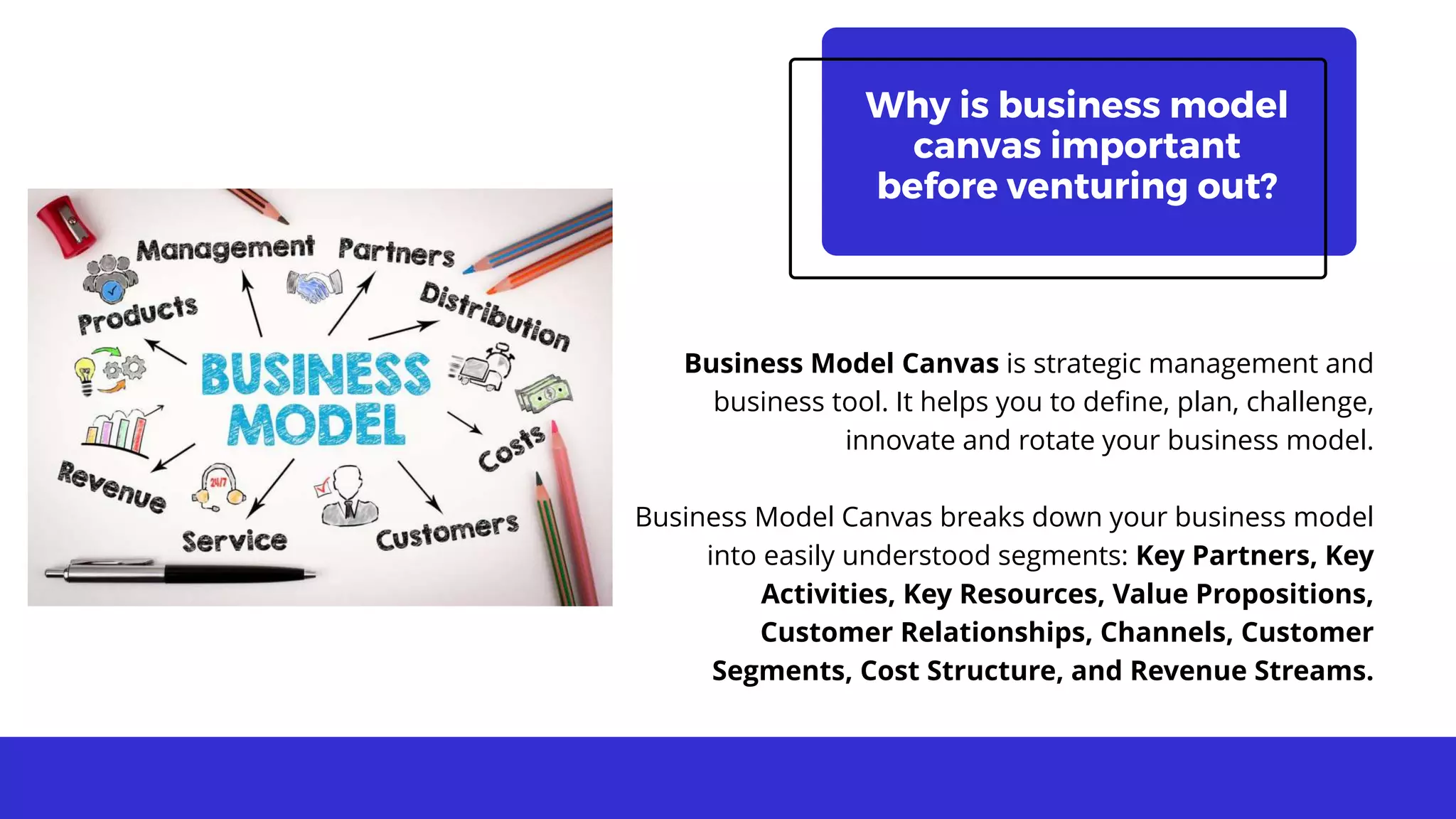 Why is business model
canvas important
before venturing out?
Business Model Canvas is strategic management and
business tool. It helps you to define, plan, challenge,
innovate and rotate your business model.
Business Model Canvas breaks down your business model
into easily understood segments: Key Partners, Key
Activities, Key Resources, Value Propositions,
Customer Relationships, Channels, Customer
Segments, Cost Structure, and Revenue Streams.
 