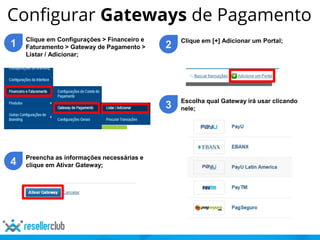 Configurar Gateways de Pagamento
1 Clique em Configurações > Financeiro e
Faturamento > Gateway de Pagamento >
Listar / Adicionar;
2 Clique em [+] Adicionar um Portal;
3 Escolha qual Gateway irá usar clicando
nele;
4 Preencha as informações necessárias e
clique em Ativar Gateway;
 