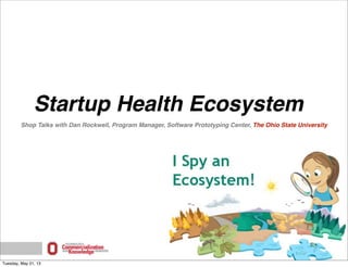 Startup Health Ecosystem
Shop Talks with Dan Rockwell, Program Manager, Software Prototyping Center, The Ohio State University
Tuesday, May 21, 13
 