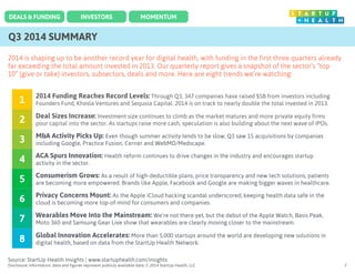 DEALS & FUNDING INVESTORS MOMENTUM 
Q3 2014 SUMMARY 
2014 is shaping up to be another record year for digital health, with...