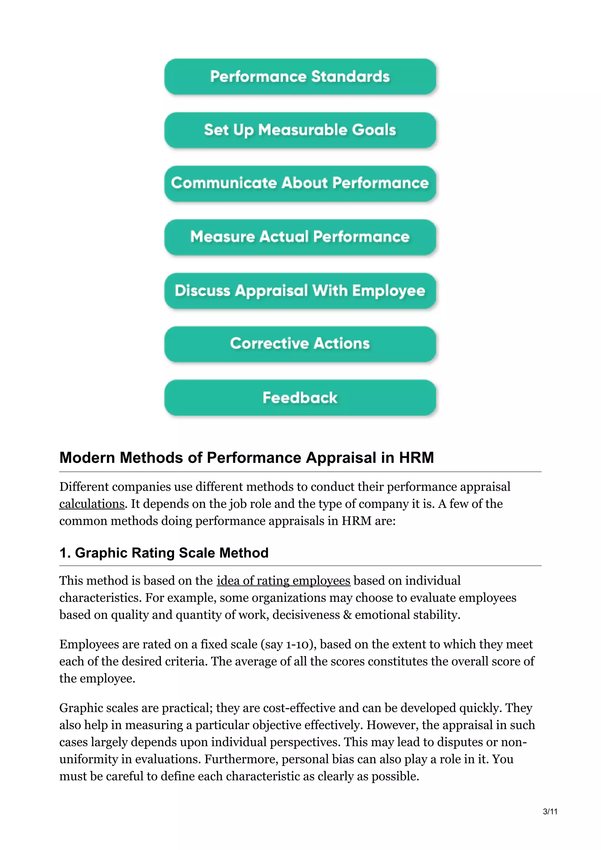 Modern Methods of Performance Appraisal in HRM
Different companies use different methods to conduct their performance appraisal
calculations. It depends on the job role and the type of company it is. A few of the
common methods doing performance appraisals in HRM are:
1. Graphic Rating Scale Method
This method is based on the idea of rating employees based on individual
characteristics. For example, some organizations may choose to evaluate employees
based on quality and quantity of work, decisiveness & emotional stability.
Employees are rated on a fixed scale (say 1-10), based on the extent to which they meet
each of the desired criteria. The average of all the scores constitutes the overall score of
the employee.
Graphic scales are practical; they are cost-effective and can be developed quickly. They
also help in measuring a particular objective effectively. However, the appraisal in such
cases largely depends upon individual perspectives. This may lead to disputes or non-
uniformity in evaluations. Furthermore, personal bias can also play a role in it. You
must be careful to define each characteristic as clearly as possible.
3/11
 