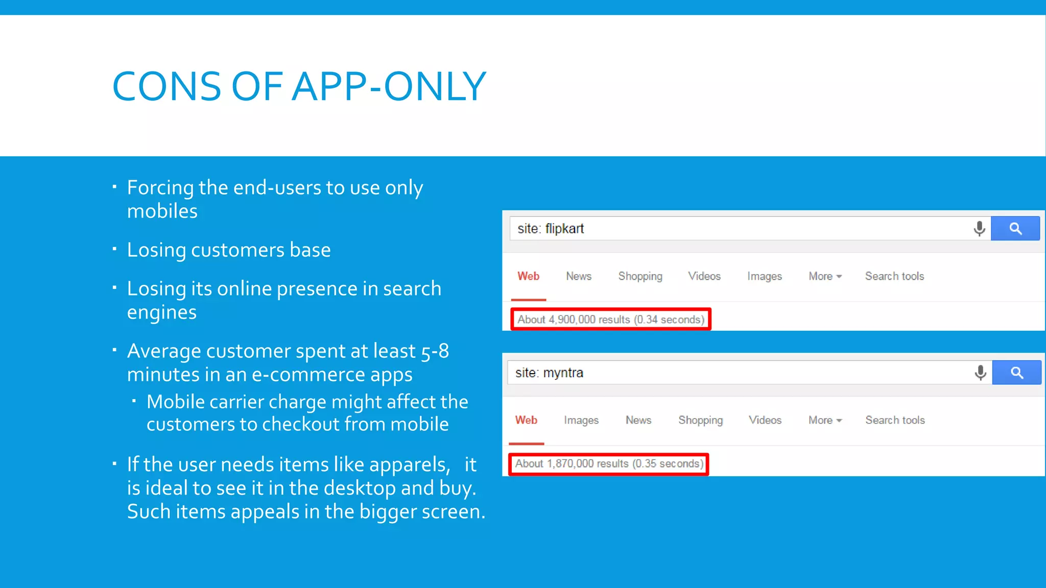 CONS OF APP-ONLY
 Forcing the end-users to use only
mobiles
 Losing customers base
 Losing its online presence in search
engines
 Average customer spent at least 5-8
minutes in an e-commerce apps
 Mobile carrier charge might affect the
customers to checkout from mobile
 If the user needs items like apparels, it
is ideal to see it in the desktop and buy.
Such items appeals in the bigger screen.
 
