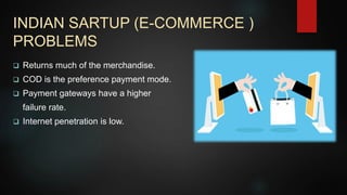 INDIAN SARTUP (E-COMMERCE )
PROBLEMS
Returns much of the merchandise.
COD is the preference payment mode.
Payment gateways have a higher
failure rate.
Internet penetration is low.
