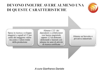 Spese in ricerca e sviluppo
maggiori o uguali al 15 per
cento del maggiore valore
tra costo e valore totale
della produzione
Almeno i 2/3 dei
dipendenti o collaboratori
con laurea magistrale
oppure 1/3 di dottorati,
dottorandi o laureati con
almeno tre anni di attività
di ricerca certificata
Almeno un brevetto o
privativa industriale
A cura Gianfranco Daniele
 