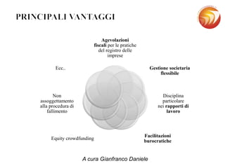 Agevolazioni
fiscali per le pratiche
del registro delle
imprese
Gestione societaria
flessibile
Disciplina
particolare
nei rapporti di
lavoro
Facilitazioni
burocratiche
Equity crowdfunding
Non
assoggettamento
alla procedura di
fallimento
Ecc..
A cura Gianfranco Daniele
 