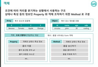 객체
조건에 따라 처리를 분기하는 상황에서 사용하는 구조
상태나 특성 등의 정보인 Property 와 객체 조작하기 위한 Method 로 구분
Array
폼의 이름
Property
0 1 2 3
Banana Tomato Apple Orange
id name age role
circulus john 30 coding
Object복수 요소의 집합체 복수 요소 정보를 포함
객체 : 프로그램에서 취급하는 대상 예시 : 폼을 나타내는 Form 객체
개체의 상태나 특성 정보 Method 개체의 상태나 특성 정보
폼이 송신할 곳의 url
폼이 포함된 요소군
etc...
폼을 송신하기
폼을 클리어하기
폼을 무효화 하기
etc...
 