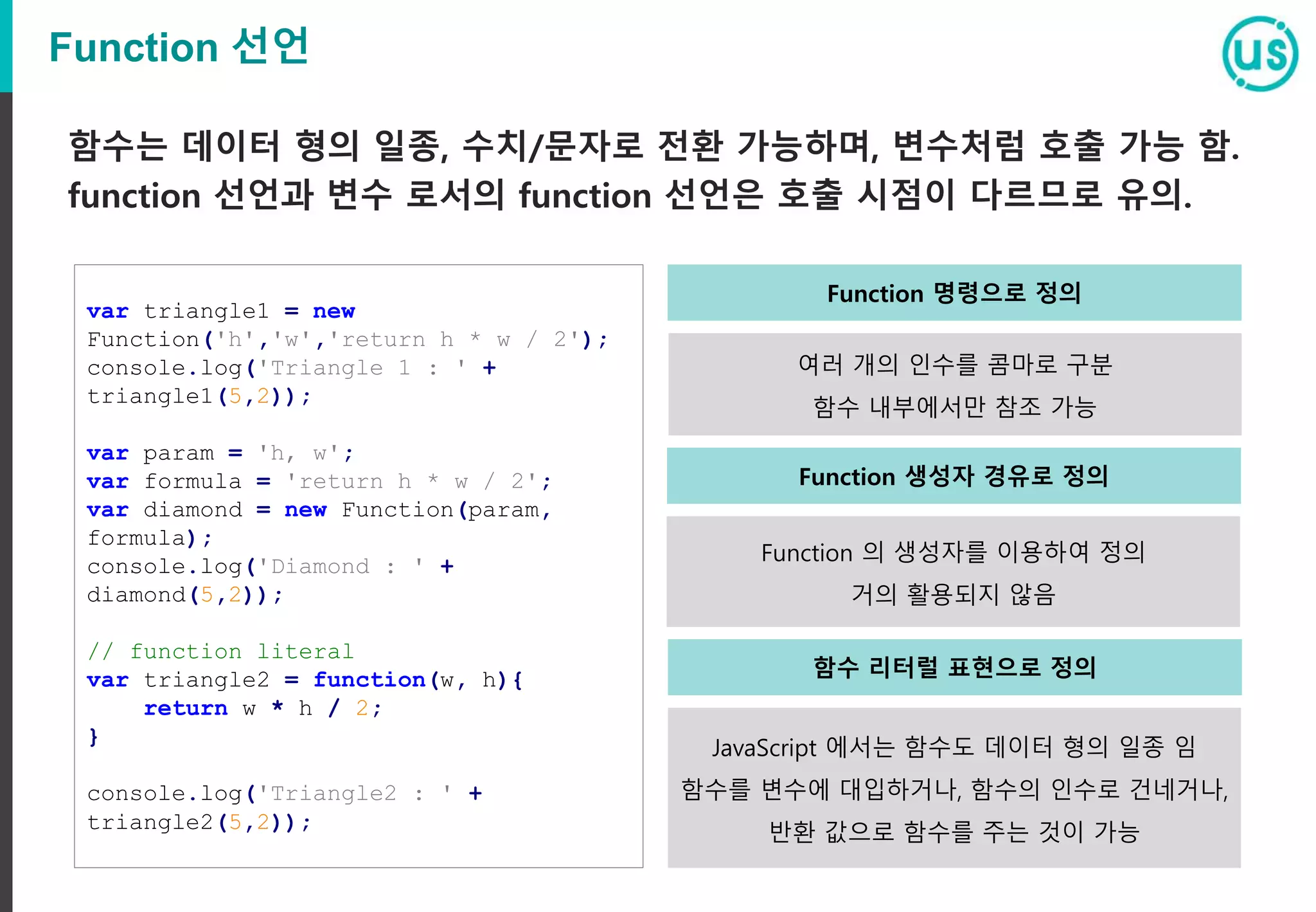 Function 선언 var triangle1 = new Function('h','w','return h * w / 2'); console.log('Triangle 1 : ' + triangle1(5,2)); var param = 'h, w'; var formula = 'return h * w / 2'; var diamond = new Function(param, formula); console.log('Diamond : ' + diamond(5,2)); // function literal var triangle2 = function(w, h){ return w * h / 2; } console.log('Triangle2 : ' + triangle2(5,2)); 함수는 데이터 형의 일종, 수치/문자로 전환 가능하며, 변수처럼 호출 가능 함. function 선언과 변수 로서의 function 선언은 호출 시점이 다르므로 유의. 여러 개의 인수를 콤마로 구분 함수 내부에서만 참조 가능 Function 의 생성자를 이용하여 정의 거의 활용되지 않음 Function 명령으로 정의 Function 생성자 경유로 정의 JavaScript 에서는 함수도 데이터 형의 일종 임 함수를 변수에 대입하거나, 함수의 인수로 건네거나, 반환 값으로 함수를 주는 것이 가능 함수 리터럴 표현으로 정의 