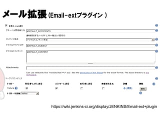 メール拡張
メール拡張(Email-extプラグイン )




          https://wiki.jenkins-ci.org/display/JENKINS/Email-ext+plugin
 