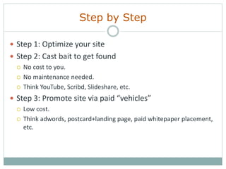 Step by Step
 Step 1: Optimize your site
 Step 2: Cast bait to get found
 No cost to you.
 No maintenance needed.
 Think YouTube, Scribd, Slideshare, etc.
 Step 3: Promote site via paid “vehicles”
 Low cost.
 Think adwords, postcard+landing page, paid whitepaper placement,
etc.
 