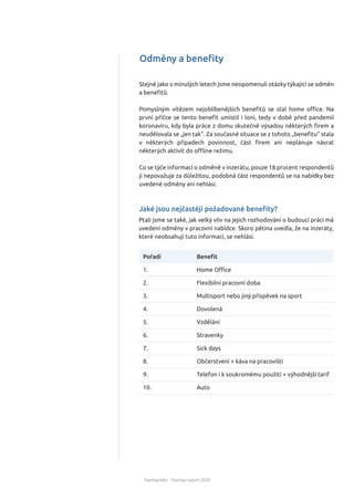 Odměny a beneﬁty
Stejně jako v minulých letech jsme neopomenuli otázky týkající se odměn
a beneﬁtů.
Pomyslným vítězem nejoblíbenějších beneﬁtů se stal home oﬃce. Na
první příčce se tento beneﬁt umístil i loni, tedy v době před pandemií
koronaviru, kdy byla práce z domu skutečně výsadou některých ﬁrem a
neudělovala se „jen tak”. Za současné situace se z tohoto „beneﬁtu” stala
v některých případech povinnost, část ﬁrem ani neplánuje návrat
některých aktivit do oﬄine režimu.
Co se týče informací o odměně v inzerátu, pouze 18 procent respondentů
ji nepovažuje za důležitou, podobná část respondentů se na nabídky bez
uvedené odměny ani nehlásí.
StartupJobs - Startup report 2020
Ptali jsme se také, jak velký vliv na jejich rozhodování o budoucí práci má
uvedení odměny v pracovní nabídce. Skoro pětina uvedla, že na inzeráty,
které neobsahují tuto informaci, se nehlásí.
Pořadí
1.
2.
3.
4.
5.
6.
7.
8.
9.
10.
Beneﬁt
Home Oﬃce
Flexibilní pracovní doba
Multisport nebo jiný příspěvek na sport
Dovolená
Vzdělání
Stravenky
Sick days
Občerstvení + káva na pracovišti
Telefon i k soukromému použití + výhodnější tarif
Auto
Jaké jsou nejčastěji požadované beneﬁty?
 