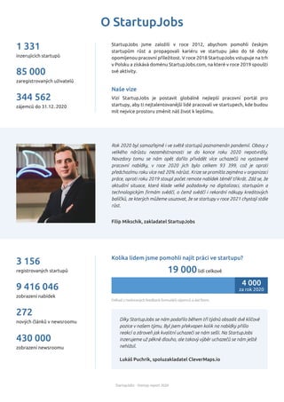 O StartupJobs
Naše vize
Vizí StartupJobs je postavit globálně nejlepší pracovní portál pro
startupy, aby ti nejtalentovanější lidé pracovali ve startupech, kde budou
mít nejvíce prostoru změnit náš život k lepšímu.
StartupJobs jsme založili v roce 2012, abychom pomohli českým
startupům růst a propagovali kariéru ve startupu jako do té doby
opomíjenou pracovní příležitost. V roce 2018 StartupJobs vstupuje na trh
v Polsku a získává doménu StartupJobs.com, na které v roce 2019 spouští
své aktivity.
Rok 2020 byl samozřejmě i ve světě startupů poznamenán pandemií. Obavy z
velkého nárůstu nezaměstnanosti se do konce roku 2020 nepotvrdily.
Navzdory tomu se nám opět dařilo přivádět více uchazečů na vystavené
pracovní nabídky, v roce 2020 jich bylo celkem 93 399, což je oproti
předchozímu roku více než 20% nárůst. Krize se promítla zejména v organizaci
práce, oproti roku 2019 stoupl počet remote nabídek téměř třikrát. Zdá se, že
aktuální situace, která klade velké požadavky na digitalizaci, startupům a
technologickým ﬁrmám svědčí, o čemž svědčí i rekordní nákupy kreditových
balíčků, ze kterých můžeme usuzovat, že se startupy v roce 2021 chystají stále
růst.
Filip Mikschik, zakladatel StartupJobs
Kolika lidem jsme pomohli najít práci ve startupu?
19 000lidí celkově
Odhad z nasbíraných feedback formulářů zájemců a dat firem.
4 000
za rok 2020
Díky StartupJobs se nám podařilo během tří týdnů obsadit dvě klíčové
pozice v našem týmu. Byl jsem překvapen kolik na nabídky přišlo
reakcí a zároveň jak kvalitní uchazeči se nám sešli. Na StartupJobs
inzerujeme už pěkně dlouho, ale takový výběr uchazečů se nám ještě
nehlásil.
Lukáš Puchrik, spoluzakladatel CleverMaps.io
StartupJobs - Startup report 2020
zaregistrovaných uživatelů
85 000
nových článků v newsroomu
272
zobrazení newsroomu
430 000
registrovaných startupů
3 156
zobrazení nabídek
9 416 046
inzerujících startupů
1 331
zájemců do 31.12. 2020
344 562
 