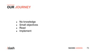 MACHINE LEARNING
● No knowledge
● Small objectives
● Read
● Implement
OUR JOURNEY
73
 