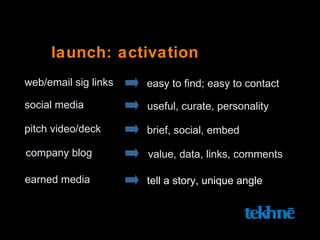 launch: activation web/email sig links easy to find; easy to contact pitch video/deck  brief, social, embed social media useful, curate, personality company blog value, data, links, comments earned media tell a story, unique angle 