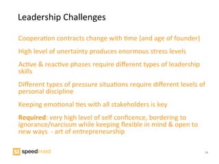 Leadership	
  Challenges	
  

CooperaIon	
  contracts	
  change	
  with	
  Ime	
  (and	
  age	
  of	
  founder)	
  
High	
  level	
  of	
  unertainty	
  produces	
  enormous	
  stress	
  levels	
  
AcIve	
  &	
  reacIve	
  phases	
  require	
  diﬀerent	
  types	
  of	
  leadership	
  
skills	
  	
  
Diﬀerent	
  types	
  of	
  pressure	
  situaIons	
  require	
  diﬀerent	
  levels	
  of	
  
personal	
  discipline	
  
Keeping	
  emoIonal	
  Ies	
  with	
  all	
  stakeholders	
  is	
  key	
  
Required:	
  very	
  high	
  level	
  of	
  self	
  conﬁcence,	
  bordering	
  to	
  
ignorance/narcissm	
  while	
  keeping	
  ﬂexible	
  in	
  mind	
  &	
  open	
  to	
  
new	
  ways	
  	
  -­‐	
  art	
  of	
  entrepreneurship	
  

                                                                                          34
 