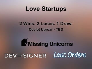 Love Startups
2 Wins. 2 Loses. 1 Draw.
Ocelot Uproar - TBD
 