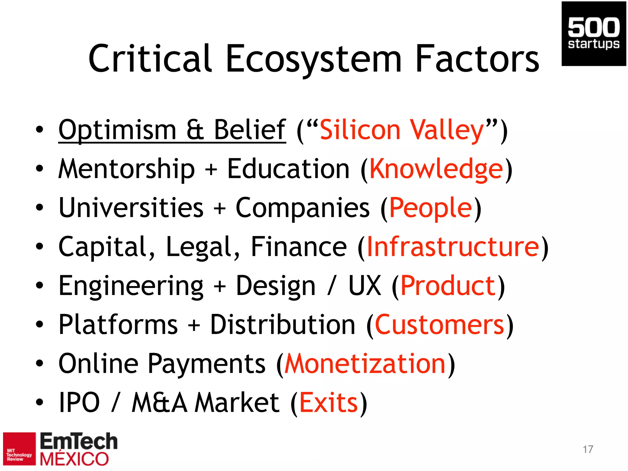 Critical Ecosystem Factors
• Optimism & Belief (“Silicon Valley”)
• Mentorship + Education (Knowledge)
• Universities + Companies (People)
• Capital, Legal, Finance (Infrastructure)
• Engineering + Design / UX (Product)
• Platforms + Distribution (Customers)
• Online Payments (Monetization)
• IPO / M&A Market (Exits)
17
 