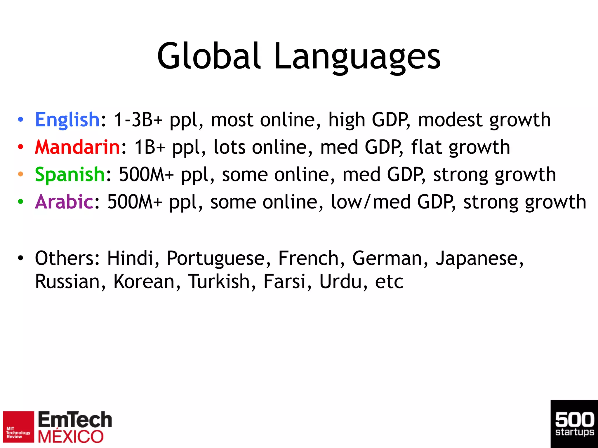 Global Languages
• English: 1-3B+ ppl, most online, high GDP, modest growth
• Mandarin: 1B+ ppl, lots online, med GDP, flat growth
• Spanish: 500M+ ppl, some online, med GDP, strong growth
• Arabic: 500M+ ppl, some online, low/med GDP, strong growth
!
• Others: Hindi, Portuguese, French, German, Japanese,
Russian, Korean, Turkish, Farsi, Urdu, etc
 
