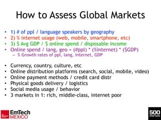 How to Assess Global Markets
• 1) # of ppl / language speakers by geography
• 2) % internet usage (web, mobile, smartphone, etc)
• 3) $ Avg GDP / $ online spend / disposable income
• Online spend / lang, geo = (#ppl) * (%internet) * ($GDP)
– % Growth rates of ppl, lang, internet, GDP
!
• Currency, country, culture, etc
• Online distribution platforms (search, social, mobile, video)
• Online payment methods / credit card distr
• Physical goods delivery / logistics
• Social media usage / behavior
• 3 markets in 1: rich, middle-class, internet poor
 