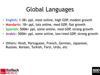Global Languages
• English: 1-3B+ ppl, most online, high GDP, modest growth
• Mandarin: 1B+ ppl, lots online, med GDP, flat growth
• Spanish: 500M+ ppl, some online, med GDP, strong growth
• Arabic: 500M+ ppl, some online, low/med GDP, strong growth
!
• Others: Hindi, Portuguese, French, German, Japanese,
Russian, Korean, Turkish, Farsi, Urdu, etc
 