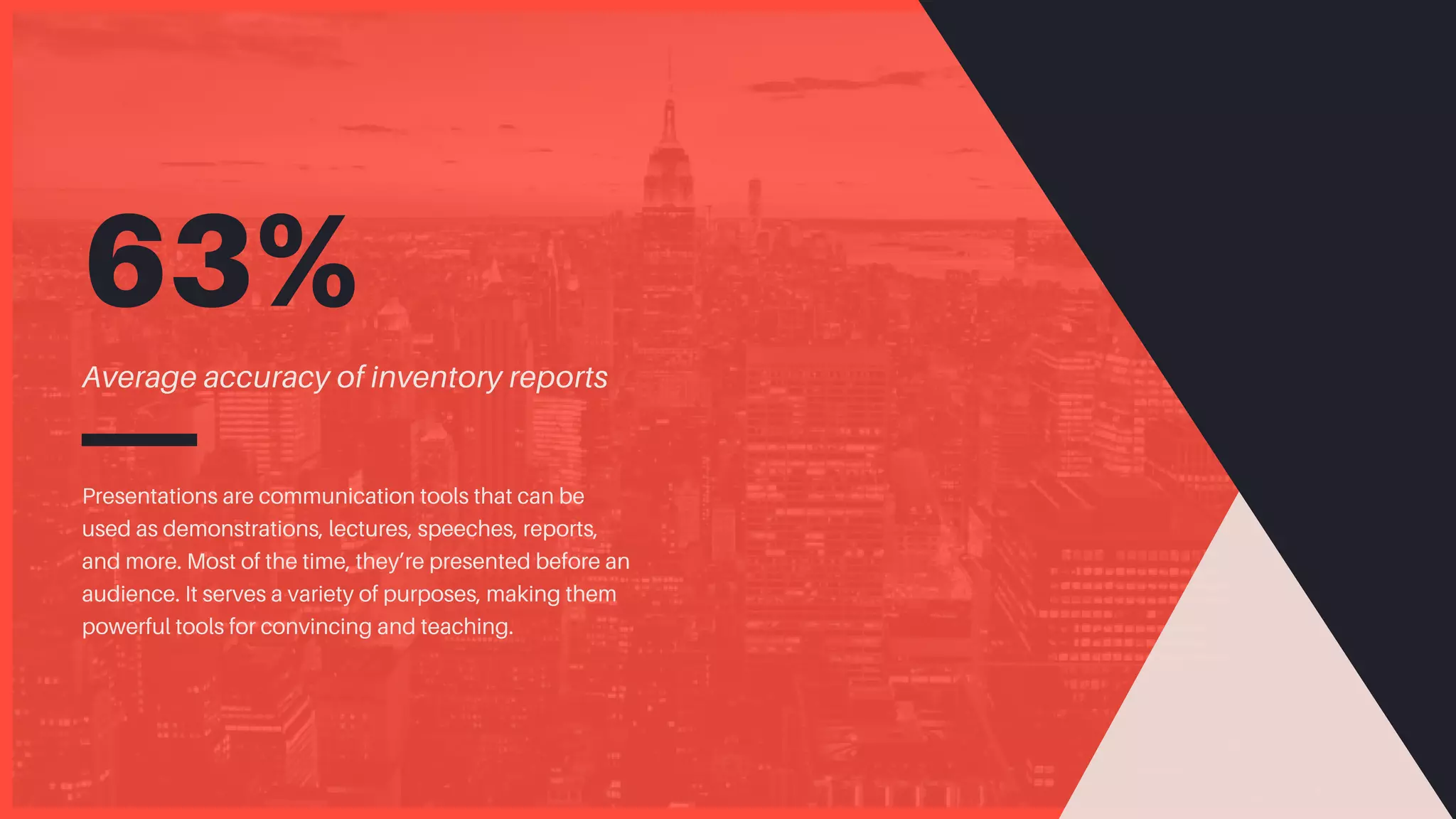 63%
Presentations are communication tools that can be
used as demonstrations, lectures, speeches, reports,
and more. Most of the time, they’re presented before an
audience. It serves a variety of purposes, making them
powerful tools for convincing and teaching.
Average accuracy of inventory reports
 