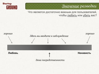 Значение разведки
            Что является достаточно важным для пользователей,
                                  чтобы любить или убить вас?




хорошо                                              хорошо
             Здесь вы вводите в заблуждение




   Любовь                                      Ненависть

                 Зона посредственности
 