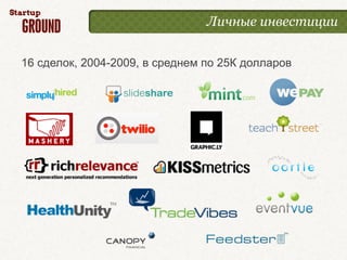 Личные инвестиции


16 сделок, 2004-2009, в среднем по 25К долларов
 