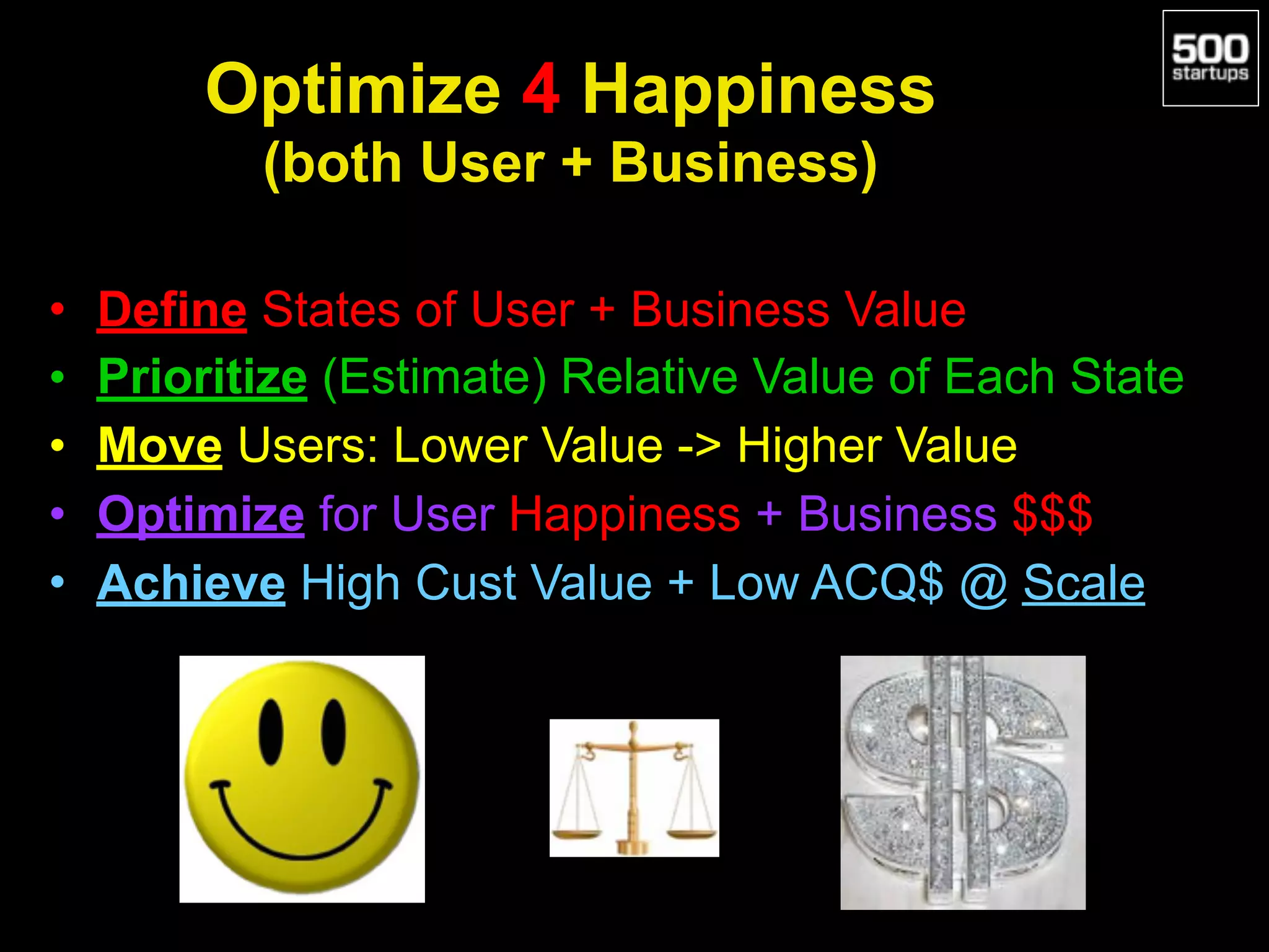 Optimize 4 Happiness  
(both User + Business)
• Define States of User + Business Value
• Prioritize (Estimate) Relative Value of Each State
• Move Users: Lower Value -> Higher Value
• Optimize for User Happiness + Business $$$
• Achieve High Cust Value + Low ACQ$ @ Scale
 