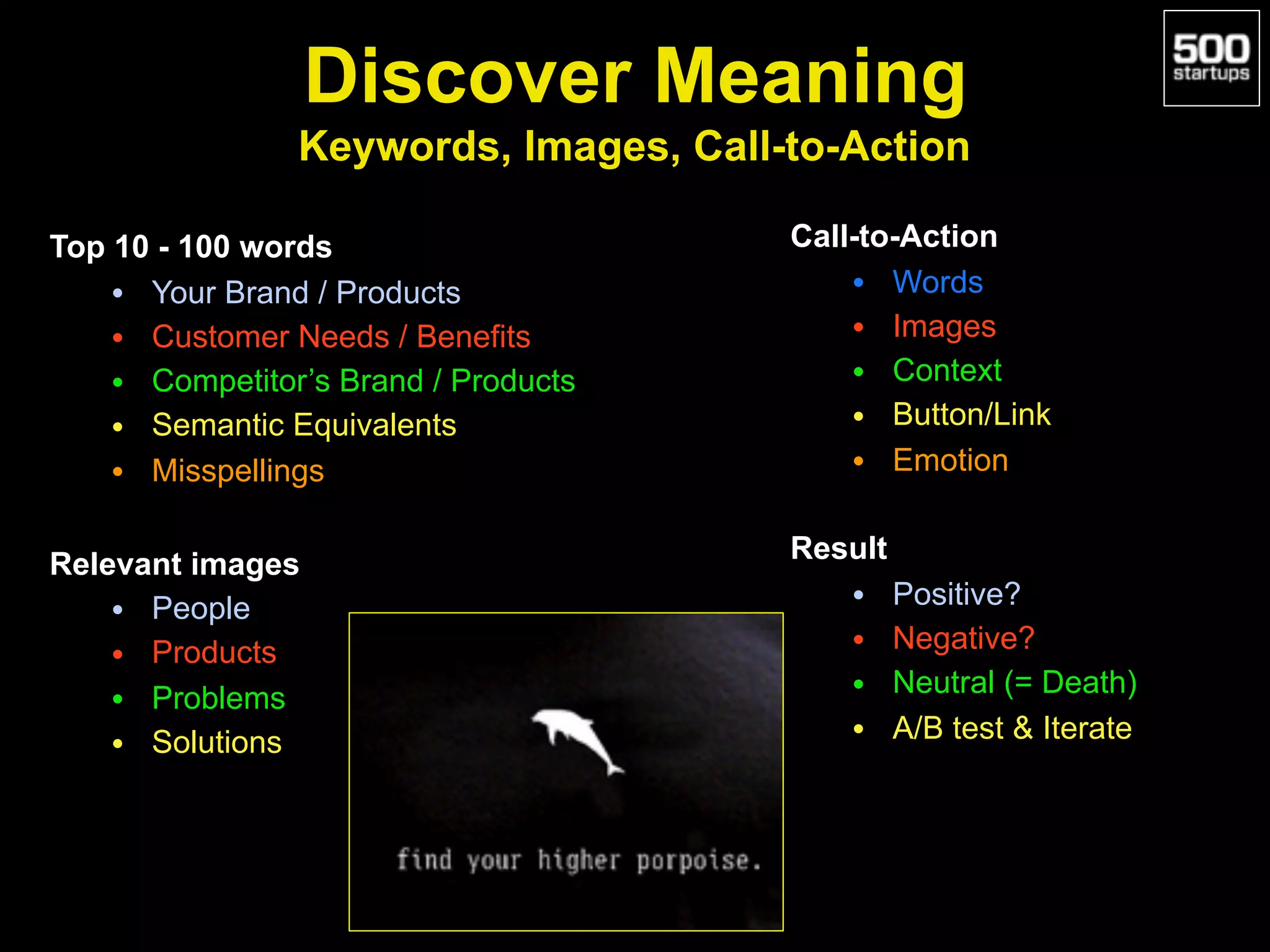 Discover Meaning 
Keywords, Images, Call-to-Action
Top 10 - 100 words
• Your Brand / Products
• Customer Needs / Benefits
• Competitor’s Brand / Products
• Semantic Equivalents
• Misspellings
Relevant images
• People
• Products
• Problems
• Solutions
Call-to-Action
• Words
• Images
• Context
• Button/Link
• Emotion
Result
• Positive?
• Negative?
• Neutral (= Death)
• A/B test & Iterate
 