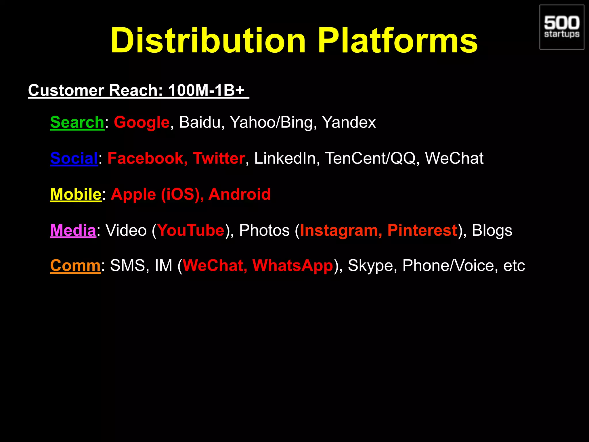 Distribution Platforms
Customer Reach: 100M-1B+
• Search: Google, Baidu, Yahoo/Bing, Yandex
• Social: Facebook, Twitter, LinkedIn, TenCent/QQ, WeChat
• Mobile: Apple (iOS), Android
• Media: Video (YouTube), Photos (Instagram, Pinterest), Blogs
• Comm: SMS, IM (WeChat, WhatsApp), Skype, Phone/Voice, etc
 