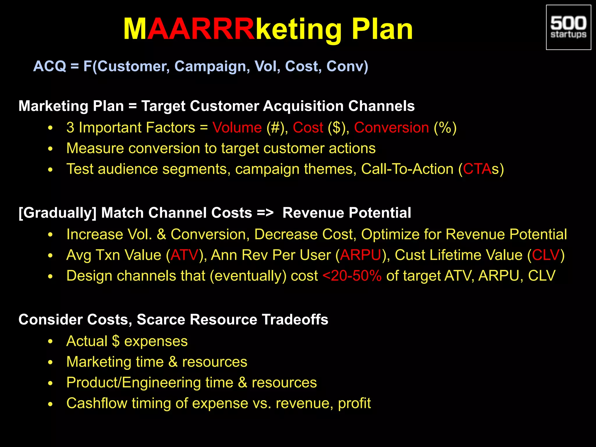 MAARRRketing Plan
Marketing Plan = Target Customer Acquisition Channels
• 3 Important Factors = Volume (#), Cost ($), Conversion (%)
• Measure conversion to target customer actions
• Test audience segments, campaign themes, Call-To-Action (CTAs)
[Gradually] Match Channel Costs => Revenue Potential
• Increase Vol. & Conversion, Decrease Cost, Optimize for Revenue Potential
• Avg Txn Value (ATV), Ann Rev Per User (ARPU), Cust Lifetime Value (CLV)
• Design channels that (eventually) cost <20-50% of target ATV, ARPU, CLV
Consider Costs, Scarce Resource Tradeoffs
• Actual $ expenses
• Marketing time & resources
• Product/Engineering time & resources
• Cashflow timing of expense vs. revenue, profit
ACQ = F(Customer, Campaign, Vol, Cost, Conv)
 