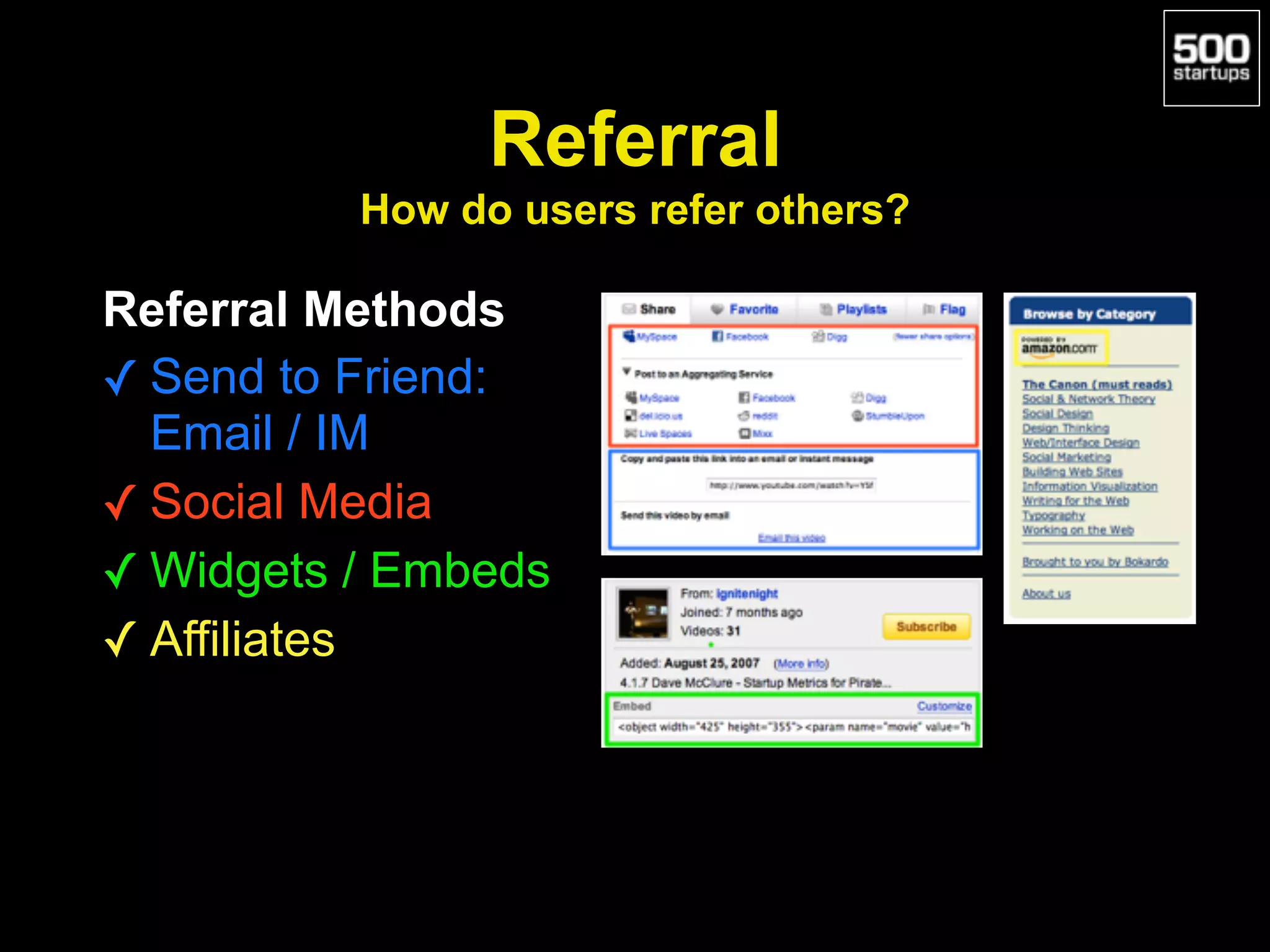 Referral 
How do users refer others?
Referral Methods
✓ Send to Friend:
Email / IM
✓ Social Media
✓ Widgets / Embeds
✓ Affiliates
 