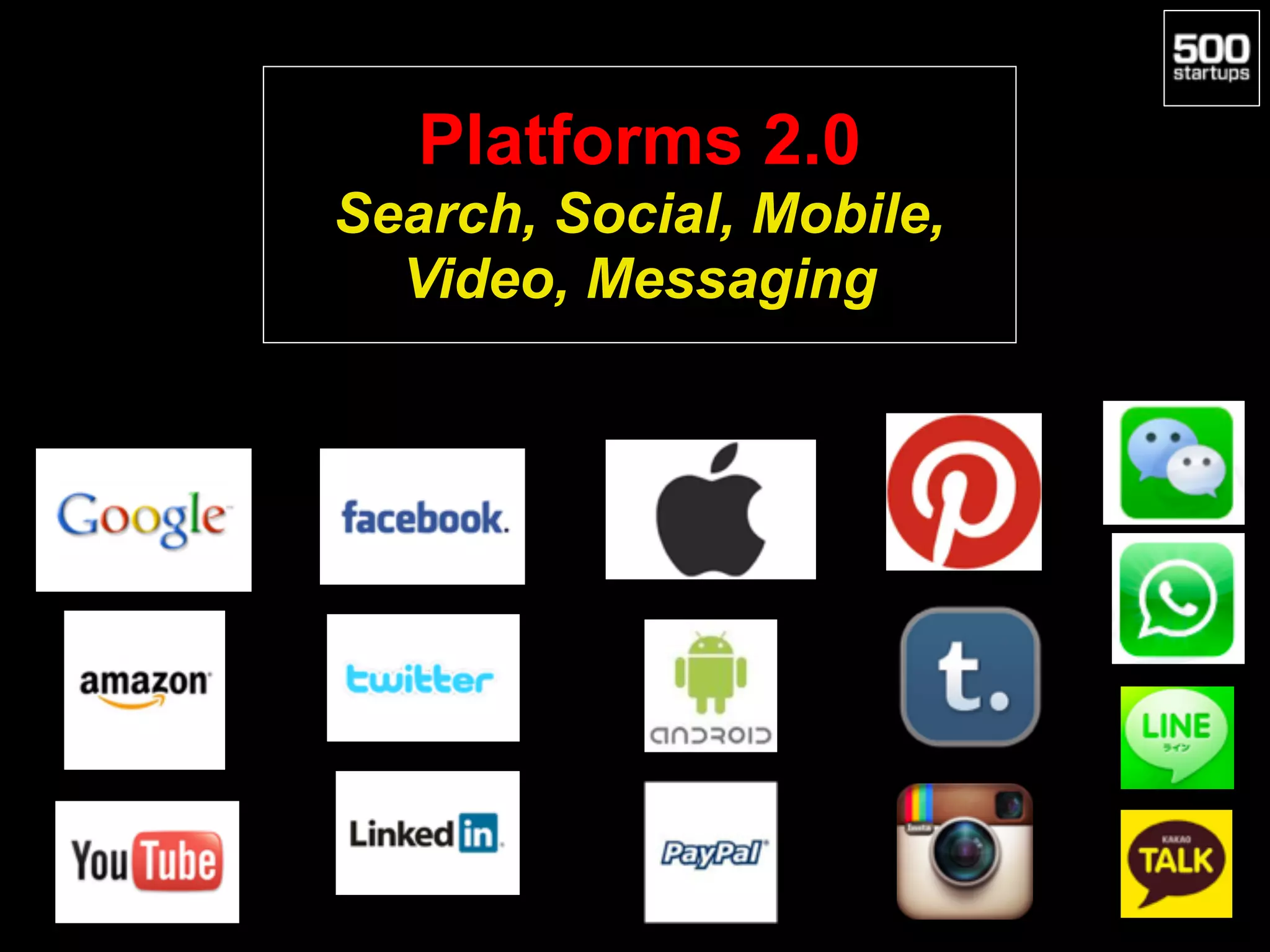 Platforms 2.0 
Search, Social, Mobile,
Video, Messaging
 