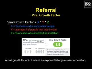 Referral 
Viral Growth Factor
Viral Growth Factor = X * Y * Z
X = % of users who invite other people
Y = average # of peop...
