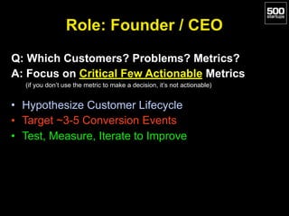 Role: Founder / CEO
Q: Which Customers? Problems? Metrics?
A: Focus on Critical Few Actionable Metrics
(if you don’t use the metric to make a decision, it’s not actionable)
• Hypothesize Customer Lifecycle
• Target ~3-5 Conversion Events
• Test, Measure, Iterate to Improve
 