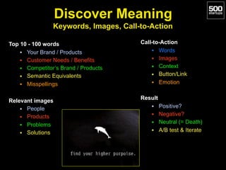 Discover Meaning 
Keywords, Images, Call-to-Action
Top 10 - 100 words
• Your Brand / Products
• Customer Needs / Benefits
• Competitor’s Brand / Products
• Semantic Equivalents
• Misspellings
Relevant images
• People
• Products
• Problems
• Solutions
Call-to-Action
• Words
• Images
• Context
• Button/Link
• Emotion
Result
• Positive?
• Negative?
• Neutral (= Death)
• A/B test & Iterate
 