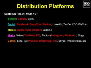 Distribution Platforms
Customer Reach: 100M-1B+
• Search: Google, Baidu
• Social: Facebook, SnapChat, Twitter, LinkedIn, TenCent/QQ/WeChat
• Mobile: Apple (iOS), Android, Xiaomei
• Media: Video (YouTube, FB), Photos (Instagram, Pinterest), Blogs
• Comm: SMS, IM (WeChat, WhatsApp, FB), Skype, Phone/Voice, etc
 