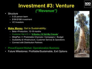 Investment #3: Venture 
(“Revenue”)
• Structure
– 5-25 person team
– $1M-$10M investment
– VC Investors
• Make Money, Get to Sustainability:
– Beta->Production, 12-18 months
– Customer Sat ≥ 8 => “It Rocks, I’ll Tell My Friends”
– MktgPlan => Predictable Channels / Campaigns + Budget
– Scalability & Infrastructure, Customer Service & Operations
– Connect with Distribution Partners
• Prove/Expand Market, Operationalize Business
• Future Milestones: Profitable/Sustainable, Exit Options
 