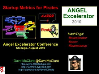 Startup Metrics for Pirates Angel Excelerator Conference Chicago, August 2010 Dave McClure  @DaveMcClure http://www.500startups.com   http://500hats.typepad.com http://slideshare.net/dmc500hats HashTags: #excelerator #aarrr #leanstartup AARRR ! 