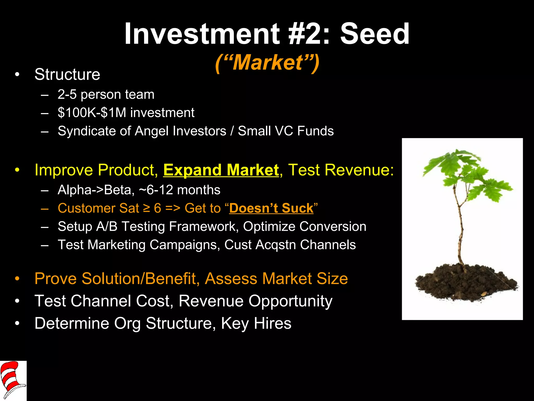 Investment #2: Seed (“Market”) Structure 2-5 person team $100K-$1M investment Syndicate of Angel Investors / Small VC Funds Improve Product,  Expand Market , Test Revenue: Alpha->Beta, ~6-12 months Customer Sat ≥ 6 => Get to “ Doesn’t Suck ” Setup A/B Testing Framework, Optimize Conversion Test Marketing Campaigns, Cust Acqstn Channels  Prove Solution/Benefit, Assess Market Size Test Channel Cost, Revenue Opportunity Determine Org Structure, Key Hires 