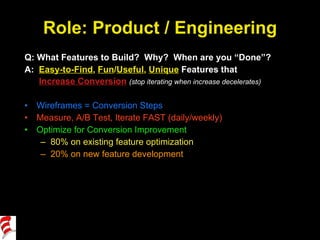 Role: Product / Engineering <ul><li>Q: What Features to Build?  Why?  When are you “Done”? </li></ul><ul><li>A:  Easy-to-F...