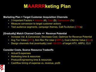 M AARRR keting Plan <ul><li>Marketing Plan = Target Customer Acquisition Channels </li></ul><ul><ul><li>3 Important Factor...