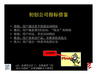 初创公司指标借鉴

•   获取：用户通过各个渠道访问网站
•   激活：用户满意第1次访问：“快乐”的体验
•   保留：用户回访，多次访问网站
    保留 用户回访 多次访问网站
•   推荐：用户喜欢该产品，并推荐给其他人
•   收入：用户进行 些货币化的行为
    收入：用户进行一些货币化的行为


                  AARRR!



    (注：如果你太忙了，谷歌提供“初
    创公司指标”及观看500万个视频 )
 