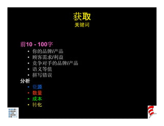 获取
              关键词



前10 - 100字
 •   你的品牌/产品
 •   顾客需求/利益
     顾客需求 利益
 •   竞争对手的品牌/产品
 •   语义等值
 •   拼写错误
分析
 •   资源
 •   数量
 •   成本
 •   转化
 