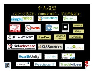 个人投资
（26个交易项目 2004 2010年 平均约$ 20k）
（26个交易项目，2004-2010年，平均约$


                                  oneforty

                                   Votizen

                     Networked   MyGengo
           LinkDex     Blogs
 