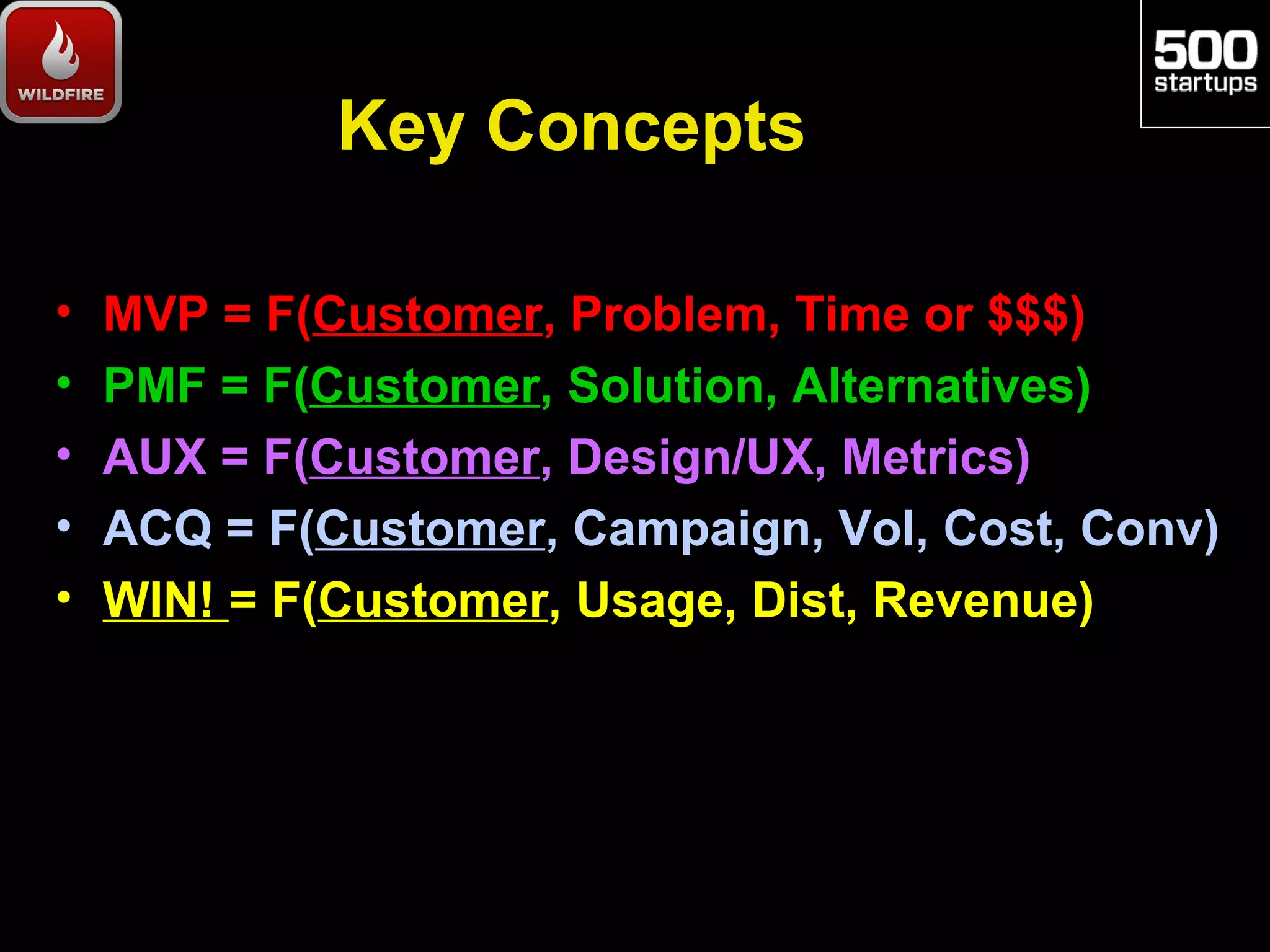 Key Concepts

•   MVP = F(Customer, Problem, Time or $$$)
•   PMF = F(Customer, Solution, Alternatives)
•   AUX = F(Customer, Design/UX, Metrics)
•   ACQ = F(Customer, Campaign, Vol, Cost, Conv)
•   WIN! = F(Customer, Usage, Dist, Revenue)
 