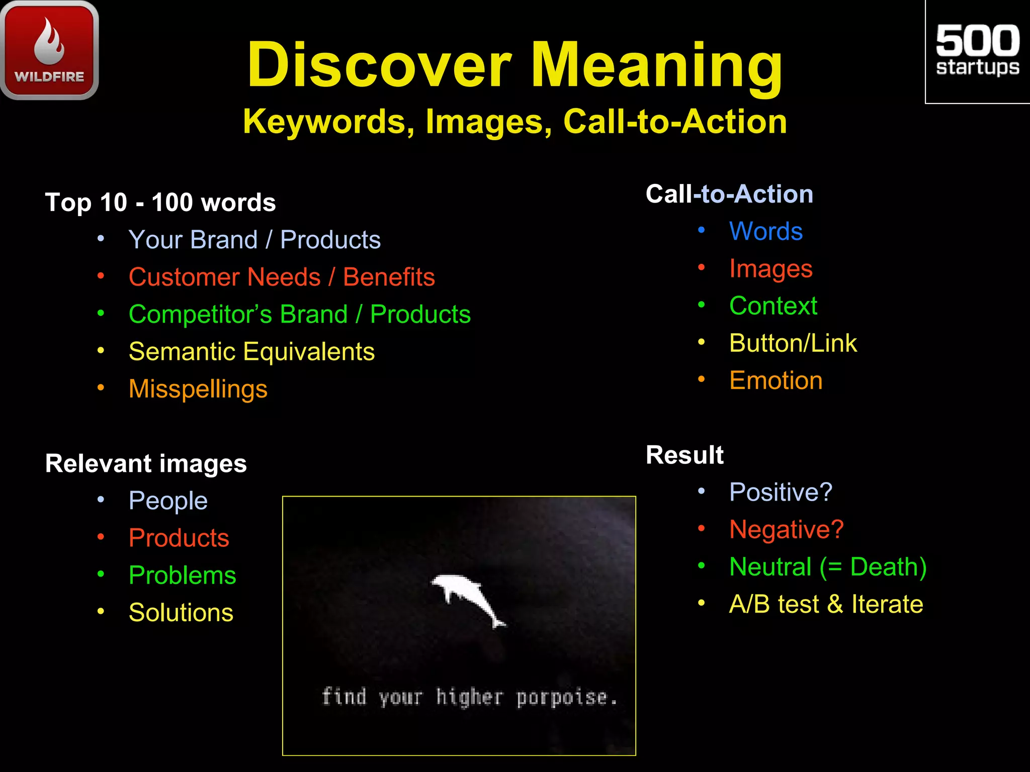 Discover Meaning
                Keywords, Images, Call-to-Action

Top 10 - 100 words                     Call-to-Action
    • Your Brand / Products                 • Words
    • Customer Needs / Benefits             • Images
    • Competitor’s Brand / Products         • Context
    • Semantic Equivalents                  • Button/Link
    • Misspellings                          • Emotion


Relevant images                        Result
    • People                              • Positive?
    • Products                            • Negative?
    • Problems                            • Neutral (= Death)
    • Solutions                           • A/B test & Iterate
 